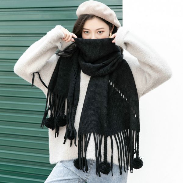 

autumn winter new style cashmere fashion all-match scarf women monochrome warmth shawl hanging ball tassel comfortable bib b51, Blue;gray