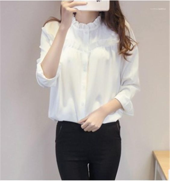 

топы женской pure color одежда весна женщины конструктор рубашка с длинным рукавом ruffled воротника рубашка формальные панелями, White