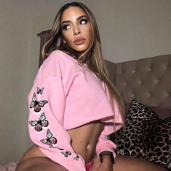 

2020 new simple fashion long sleeve zipper open pullover butterfly pullover umbilical loose casual butterfly pink sweater orl1k, Black