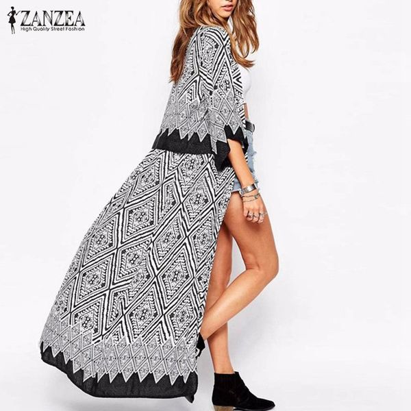 

zanzea 2020 bohemian style summer women diamond printed blouse loose kimono half sleeve long cardigan blusas plus size, White
