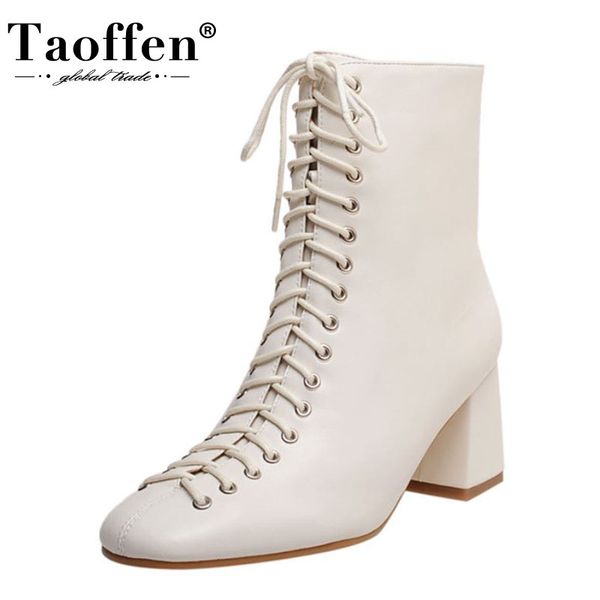 

taoffen real leather women ankle boots cross strap side zipper shoes thick heel warm boots fashion party footwear size 33-41, Black