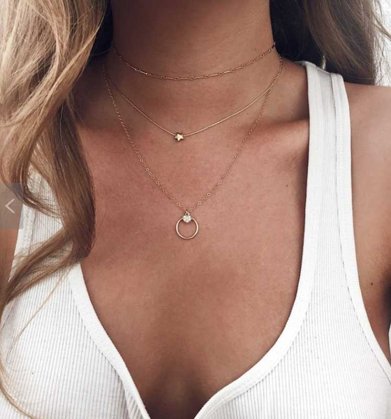 

european and american new love pentagram pendant necklace creative retro simple multilayer necklace, Silver