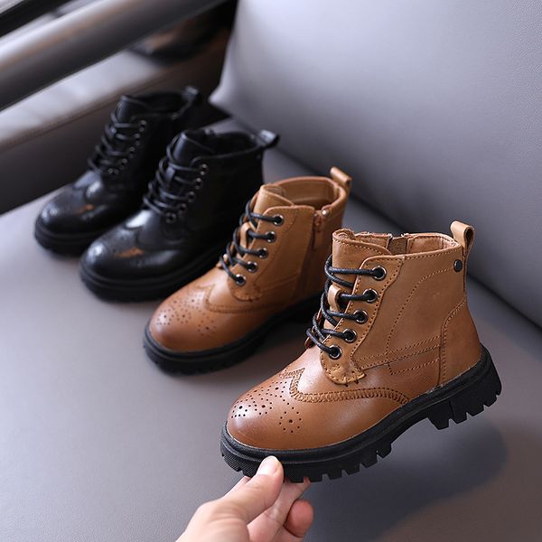 

autumn kids leather shoes fashion solid color boys martin boots children girls ankle boot non-slip sneakers student shoes sx517, Black;grey