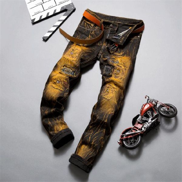 

220 fashion men's bright color spray paint washed slim jeans men's jeans casual high street hip-hop, Blue