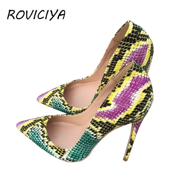 

dress shoes green high heel 12 cm stilettos snake print women pumps shallow party wedding plus size qp048 roviciya, Black