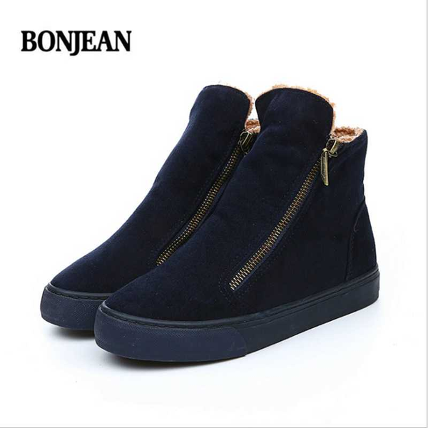 

boots bonjean women warm flat snow winter fur zip platform ankle boot ladies plush casual comfort shoes female fashion short, Black