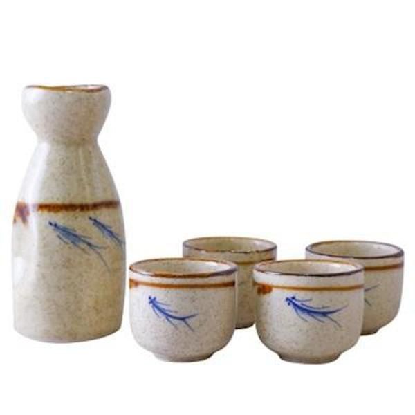 

antique ceramic sake set with warmer and tray hand painted blue fishes pattern vintage japanese saki serving gift