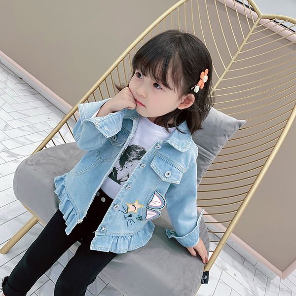 

small children's denim jacket little girls cartoon cat cowboy jackets cotton blend cardigan outerwear toddler kids casual coats, Blue;gray