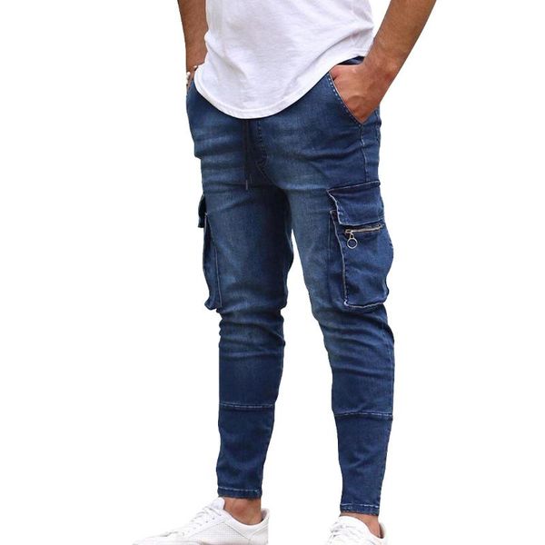 

adisputent men new fashion denim pencil pants jeans men pants casual cotton denim trousers 2020 autumn multi pocket cargo jeans, Blue