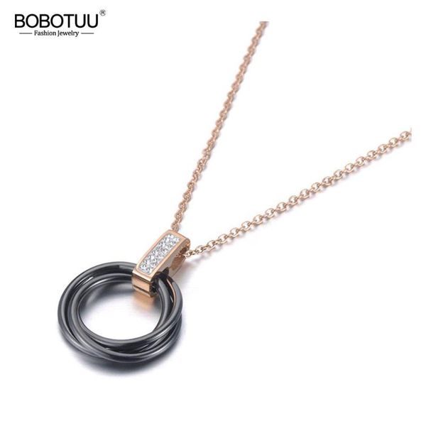 

bobotuu original design titanium stainless steel black/white ceramic crystal pendant choker wedding necklaces for women bn19087, Silver
