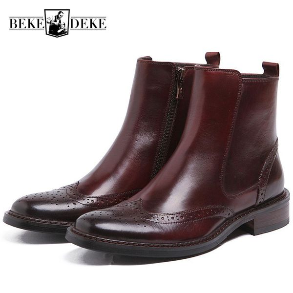 

vintage genuine leather men ankle boots british luxury round toe zip high work wedding man wingtip brogue shoes plus size, Black
