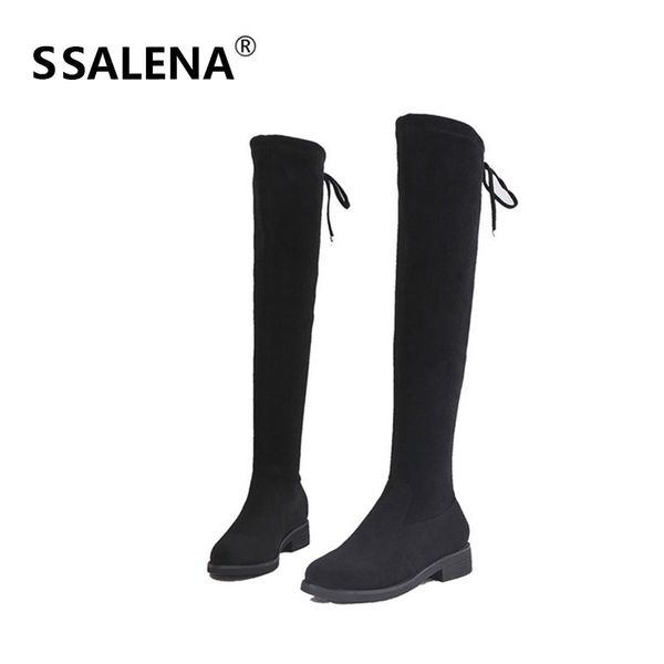 

boots women slim over the knee high fashion winter elegant flock shoes female classic solid square heel 60736, Black