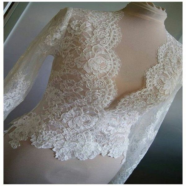 Elegante Jacket V-neck nupcial Lace Jacket mangas compridas apliques Enrole Bainha nupcial Bolero de vestidos de casamento Custom Made alta qualidade