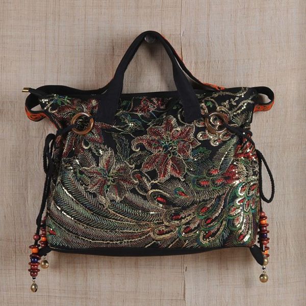 

new style female handbag chinese style wood beads totes fashion large capacity embroidery handbag sequins high-end crossbody bag