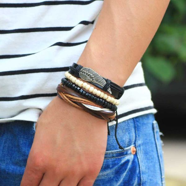 

charm bracelets trendy metal wing leather man black beige wood beads women bangles wax woven rope jewelry accessory, Golden;silver