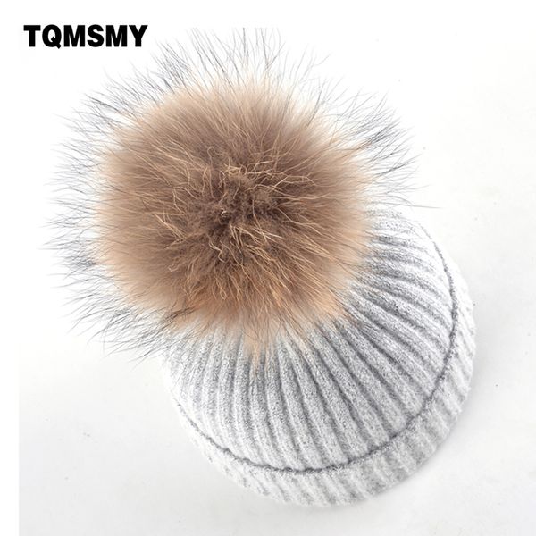

100% real raccoon fur ball hats for women beanies knitted wool cap girls solid color casual bone winter beanie fur hats ladies, Blue;gray
