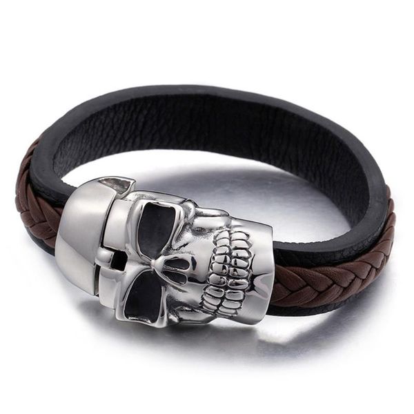 

men's 22cm black brown woven leather bracelet punk stainless steel huge skull charm bracelet wrap bangle rock male accessory