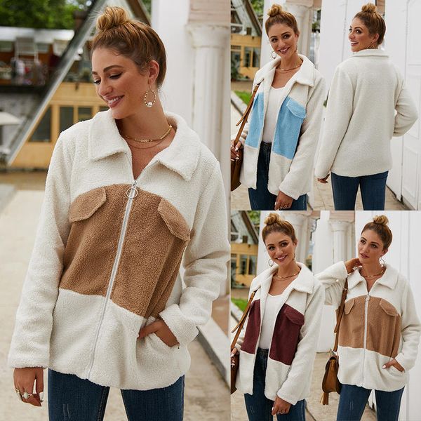 

women loose zipper pocket long-sleeved lapel splicing plush long jacket coat ladies winter casual warm shopping trip coat, Black