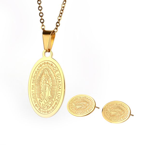 

золотой цвет богородица комплект ювелирных изделий резные овальной формы ожерелье серьги для женщин рождественский крест комплект ювелирных, Silver