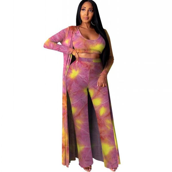 

3 piece set women sleeveless crop straight pants and long coat matching set fashion tie dye print knitted ribbed suits, Gray