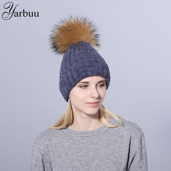 

beanie/skull caps [yarbuu]2021 brand hat female beanie skullies autumn and winter for women real mink pom poms wool fur knitted hats, Blue;gray