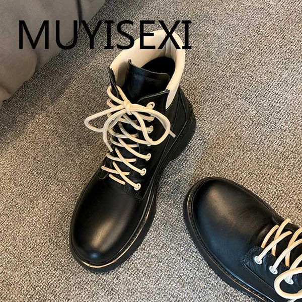 

mixed colors classic genuine leather lace up british round toe 3.5cm low heel winter warm preppy style ankle boot mmm18 muyisexi, Black