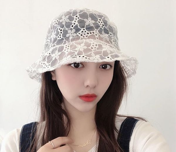 

new korean ins fairy lace flower breathable fisherman hat korean mesh hollow decorative bucket hat sun protection, Blue;gray