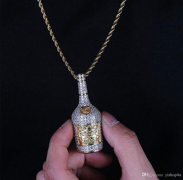 

14k iced out two-tone whiskey wine bottle pendant micro pave cubic zircon hip hop pendant necklace for men women gifts, Silver