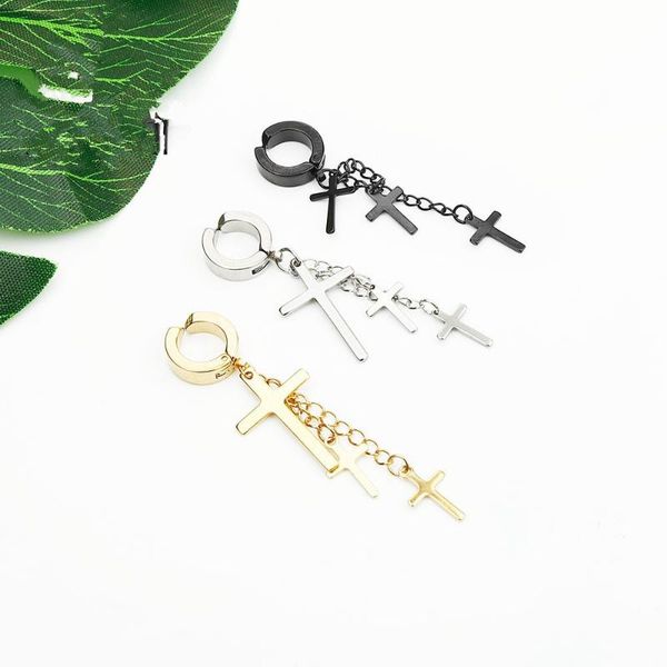 

hoop & huggie fashion women men cross pendientes color black stitanium steel jesus long charm ear clip earrings jewelry, Golden;silver