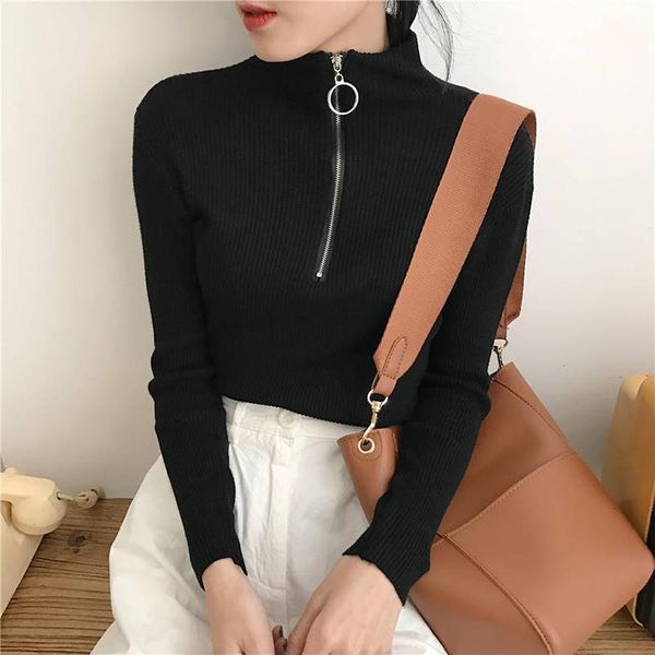 

women zipper turtleneck sweaters skinny elastic knitted full sleeve pullover 2020 autumn warm christmas soft sweater jumpers top, White;black