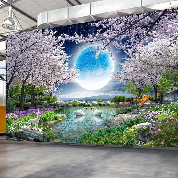 

wallpapers custom mural wall paper moon cherry blossom tree nature landscape painting living room bedroom po wallpaper home decor