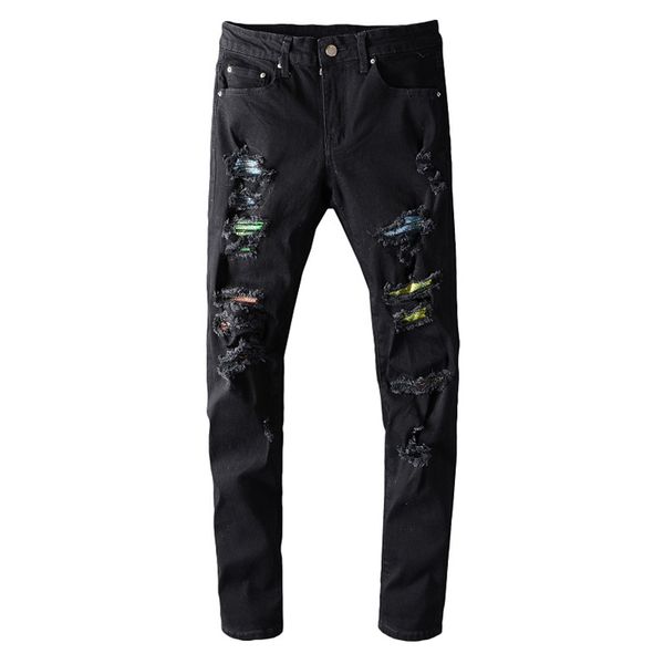 

men's crystal ripped black stretch denim jeans streetwear distressed skinny pencil pants, Blue
