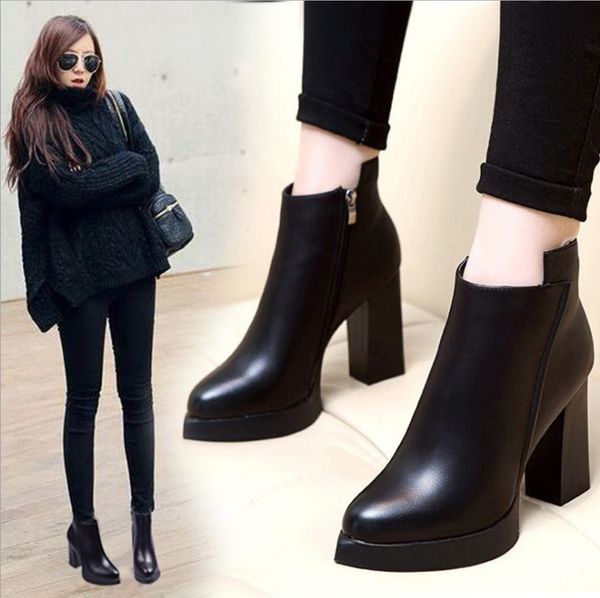 

high heeled martin boots winter coarse heel woman shoes lady desert boots real leather high heel boots high heels large size 35-42, Black