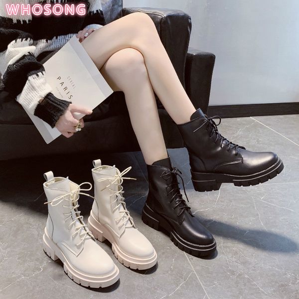 

2020 fashion mid-calf boots women black leather platform shoes goth boots lace up white leather combat for women shoes