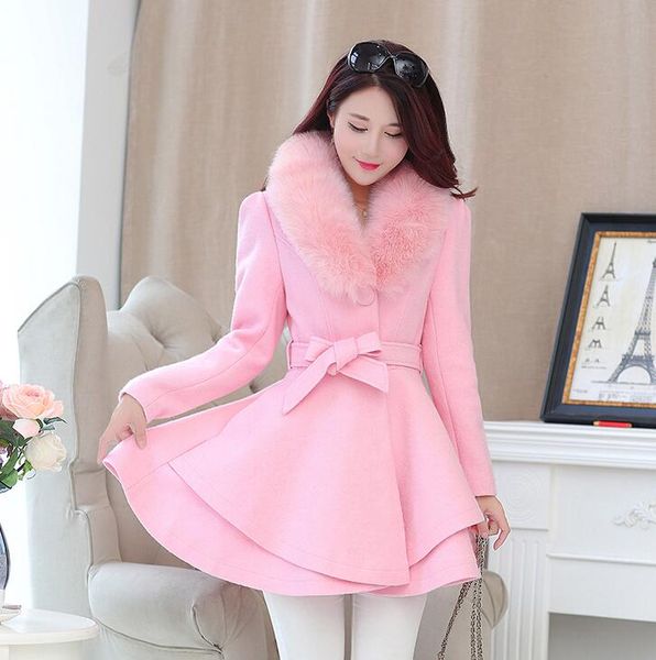 

куртки зима женщины шерстяное пальто верхняя одежда большой меховой воротник оборками женщины повседневная куртка длинные сладкие опрятный т, Black