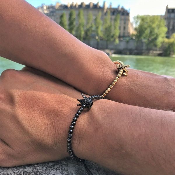 

2020 vintage pave cz crown charm bracelet men temperament handmade weave bead bracelet for men jewelry gift, Golden;silver