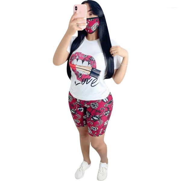 

2pcs lip floral tracksuits summer woman o-neck tshirts with short suits women slim sports sets womens, Gray
