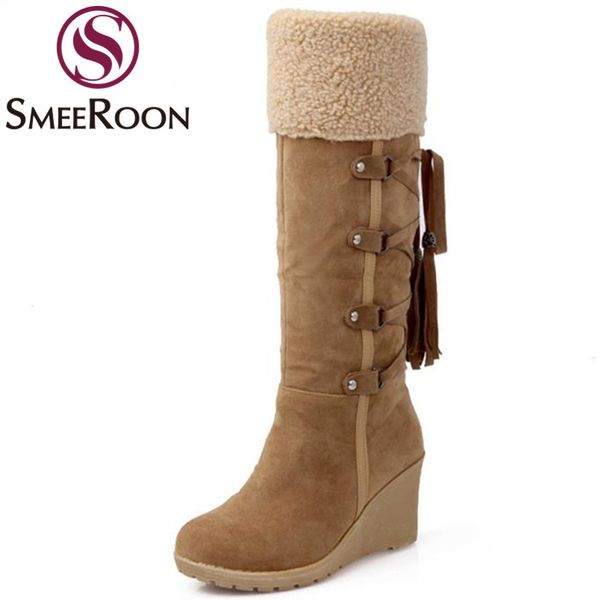 

smeeroon tassel winter boots wedges high heels round toe snow boots delicate womens shoes comfortable knee high, Black