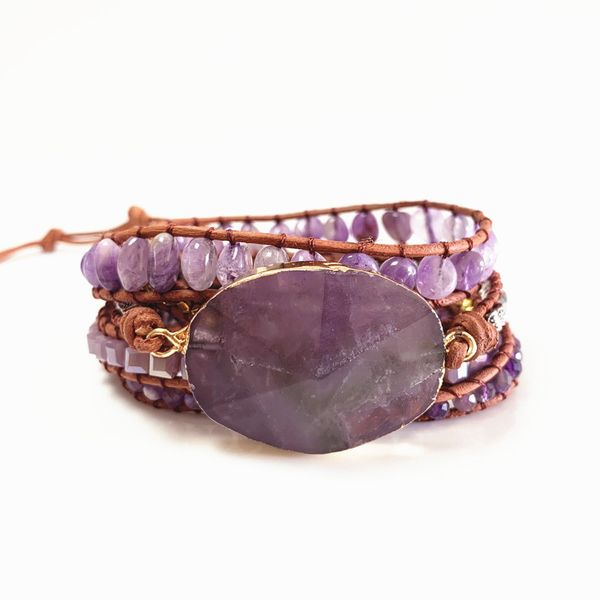 

fashion leather wrap bracelet natural purple stones handmade multi-layer bohemia style beaded bracelets jewelry for female party, Golden;silver