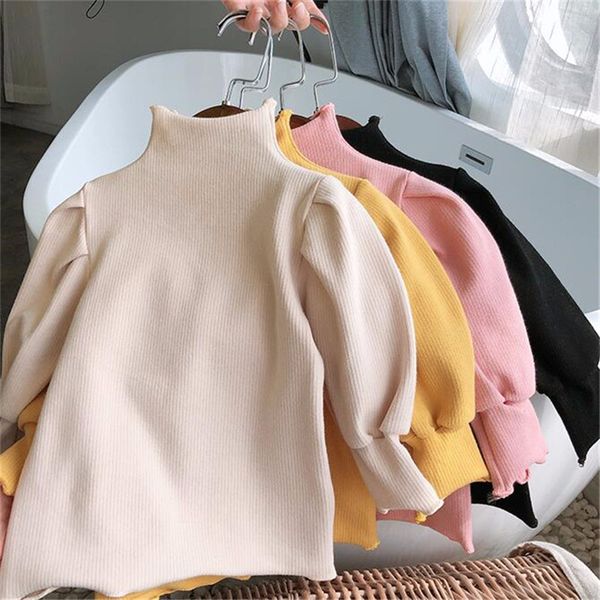 

pullover puff sleeve baby girls solid color high neck knitted wool sweater bottoming shirt for children warm autumn clothes, Blue