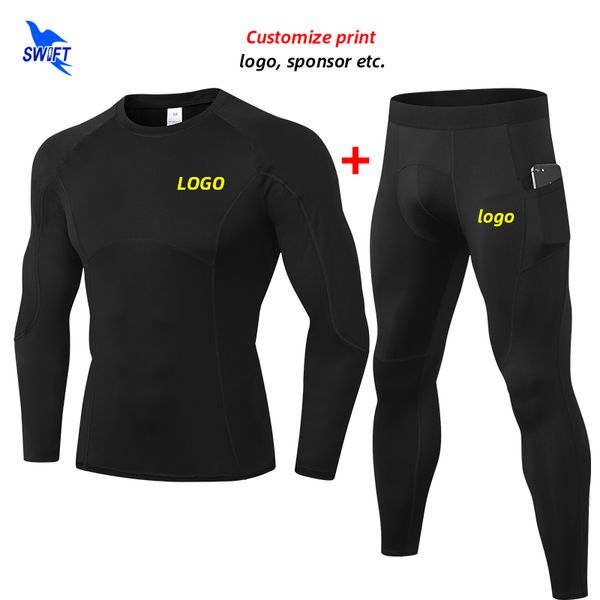 

пользовательский логотип mens running set compression футболка с длинным рукавом + брюки 2pcs спортивный костюм фитнес rashguard тренажерный, Black;blue