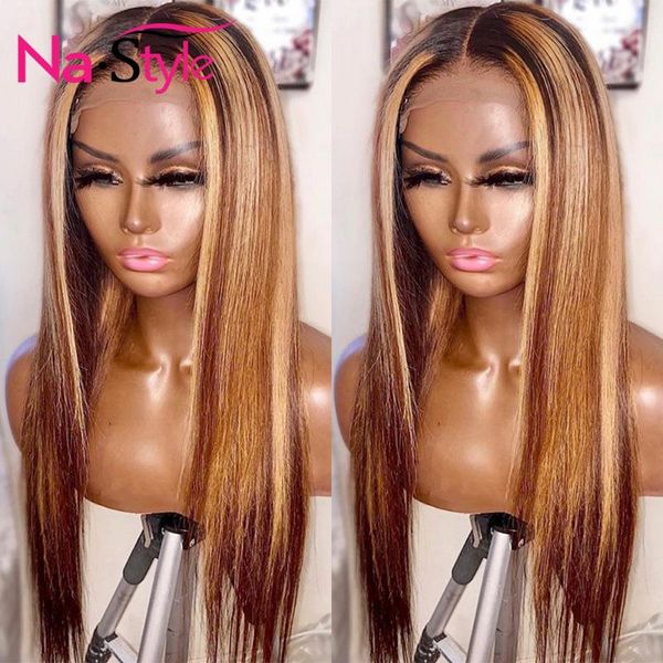 

highlight straight wig preplucked ombre wig human hair bleached knots colored side part human hair wigs for women 150remy, Black;brown