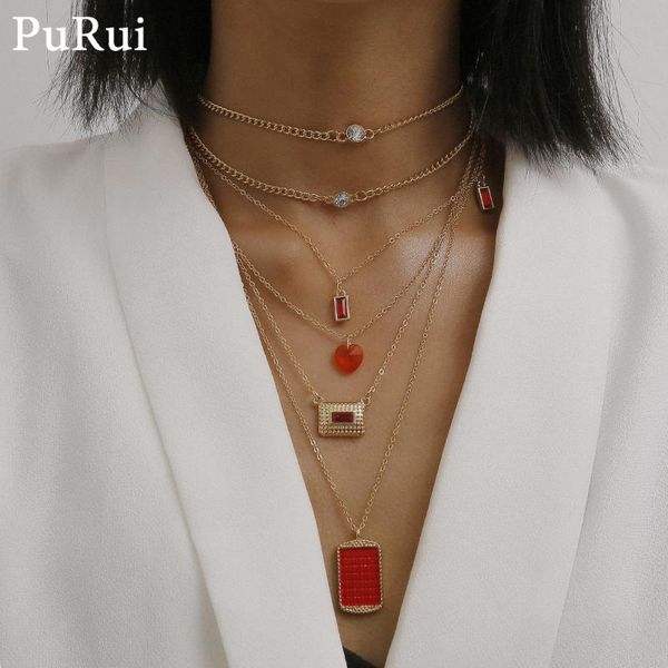 

bohemian cuban link chain choker necklace for women multilayer red crystal long pendant necklace geometric collar jewelry, Silver