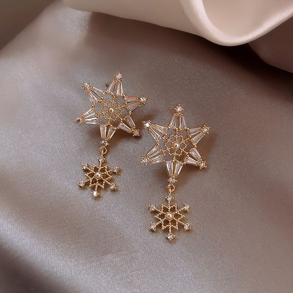 

stud shiny side fashion brand jewelry zirconia star earrings for women gift pierced snowflake flower, Golden;silver