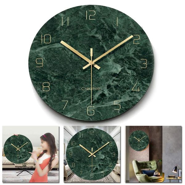 

12inch home decor wall clock imitation european battery powered hanging office quartz silent round tempered glass marble emerald