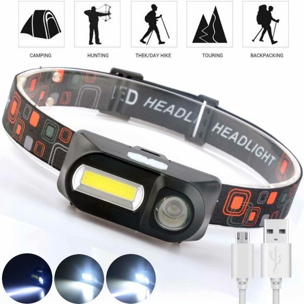 

headlamps double light sensor headlamp usb led xpe+cob 180lm rechargeable outdoor camping working repairing headlight with 18650 battery