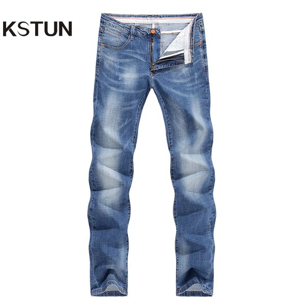 

kstun jeans men 2020 summer thin strech business casual straight slim fit jeans light blue denim pants trousers classic cowboys