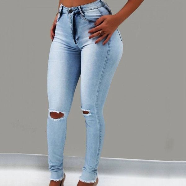 

women's jeans skinny pencil pants for women high waist ripped holes denim trousers fashion elastic jean size, Blue