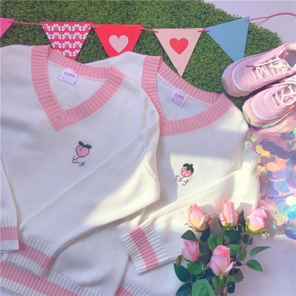 

sweet cute strawberry peach embroidery student sweater harajuku v-neck knitted women sweater cotton pullover girls sweater coat, White;black