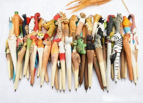 

animal wooden carving creative ballpoint pen wood ball point pens handmade sculpture student ball-point, Blue;orange